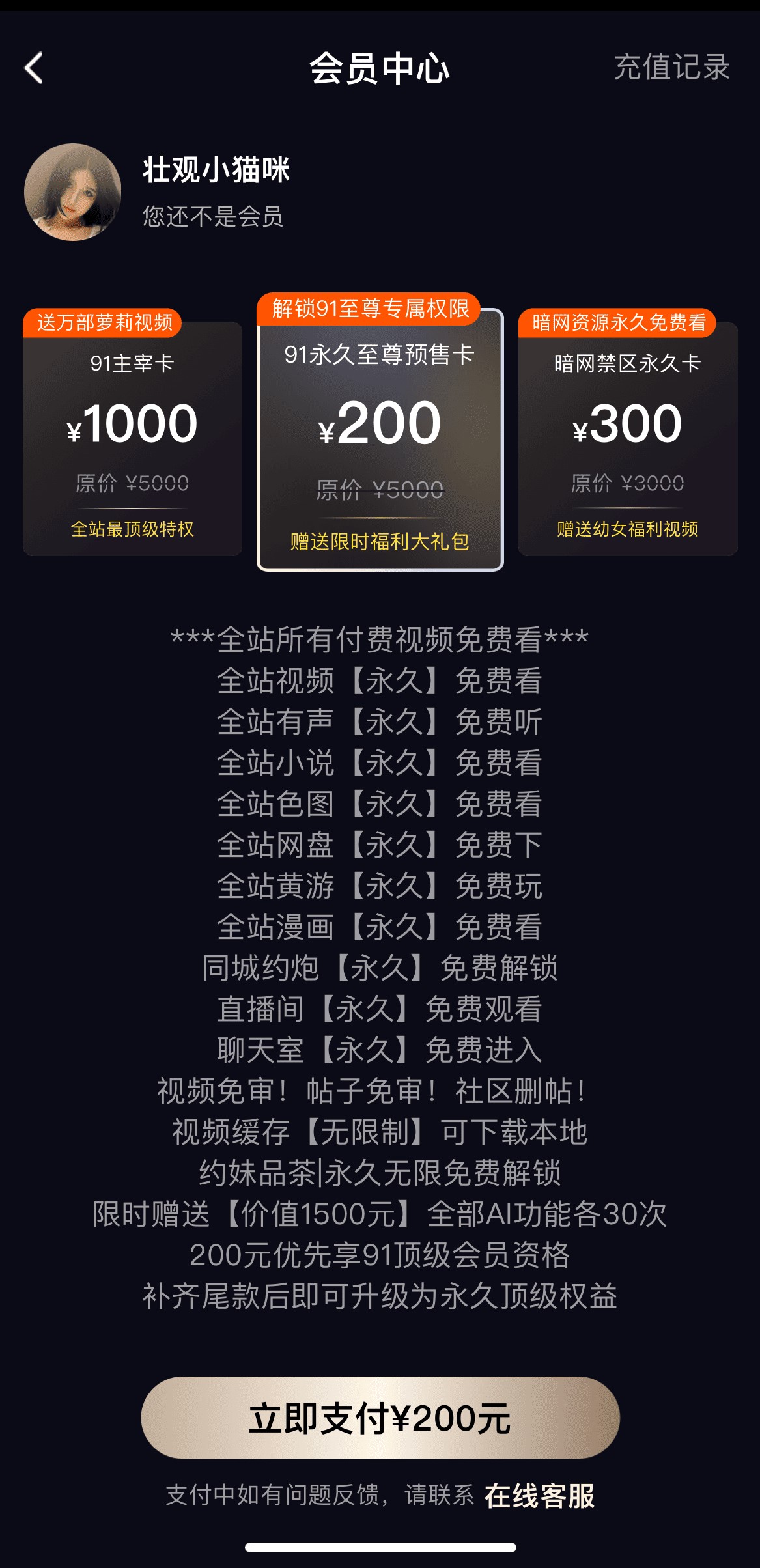 91POAPP VIP会员开通页面展示多档套餐价格与专属权益说明